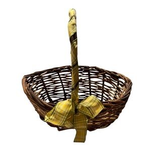 Brown Wicker Basket with Yellow Plaid Ribbon
